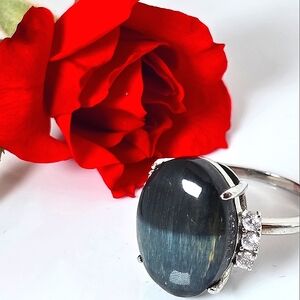 Natural Blue Tiger Eye & CZ 925 Sterling Silver Ring